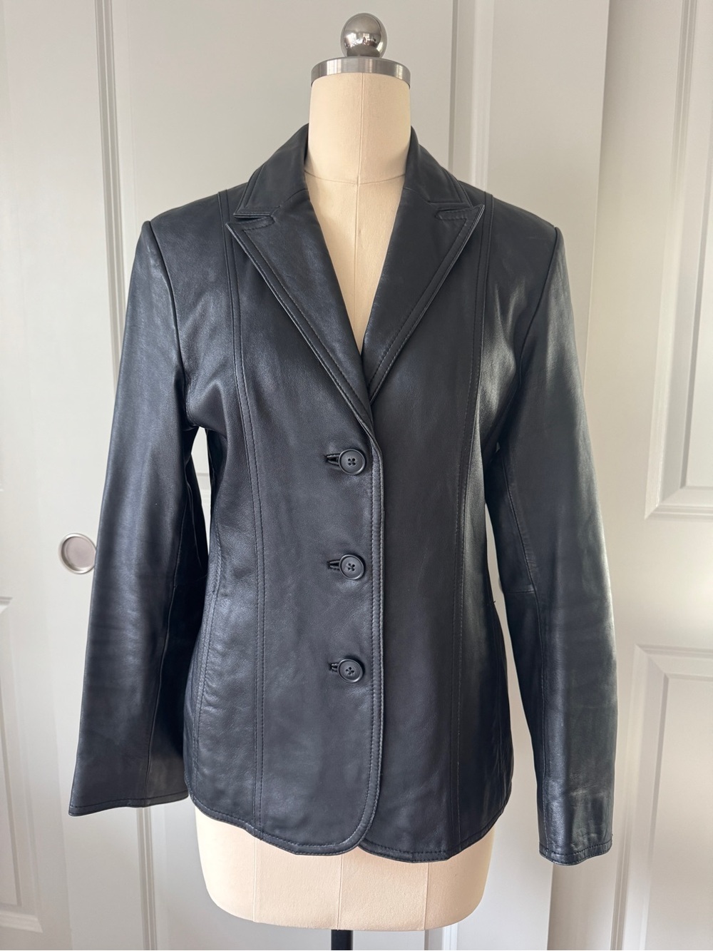 Black Leather Button-Front Blazer